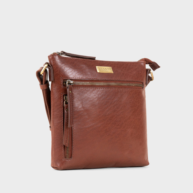'RUE' Brown Polished VT Real Leather Crossbody Bag