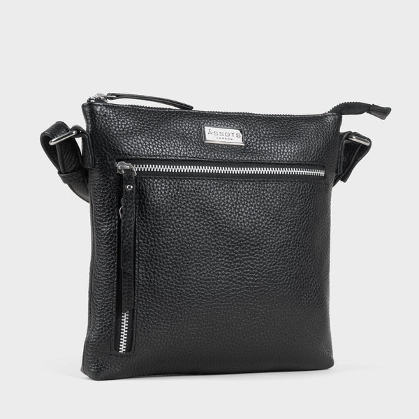 'RUE' Black Pebble Grain Real Leather Crossbody Bag
