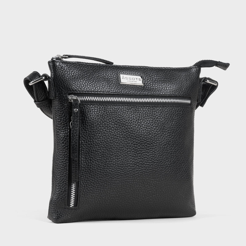 'RUE' Black Pebble Grain Real Leather Crossbody Bag