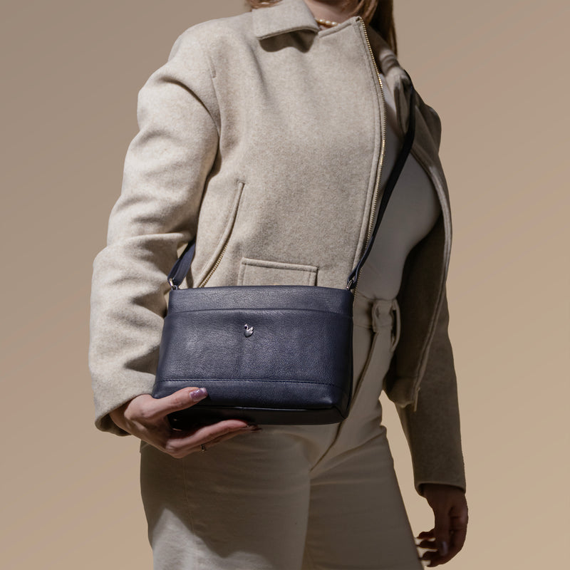 'SANDRA' Navy Soft Nappa Full Grain Real Leather Crossbody Bag