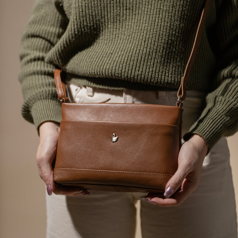 'SANDRA' Tan Soft Nappa Full Grain Real Leather Crossbody Bag