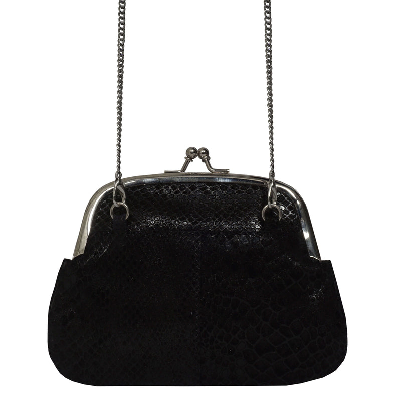 'SELENA' Black Python Snake Leather Frame Closure Coin Purse