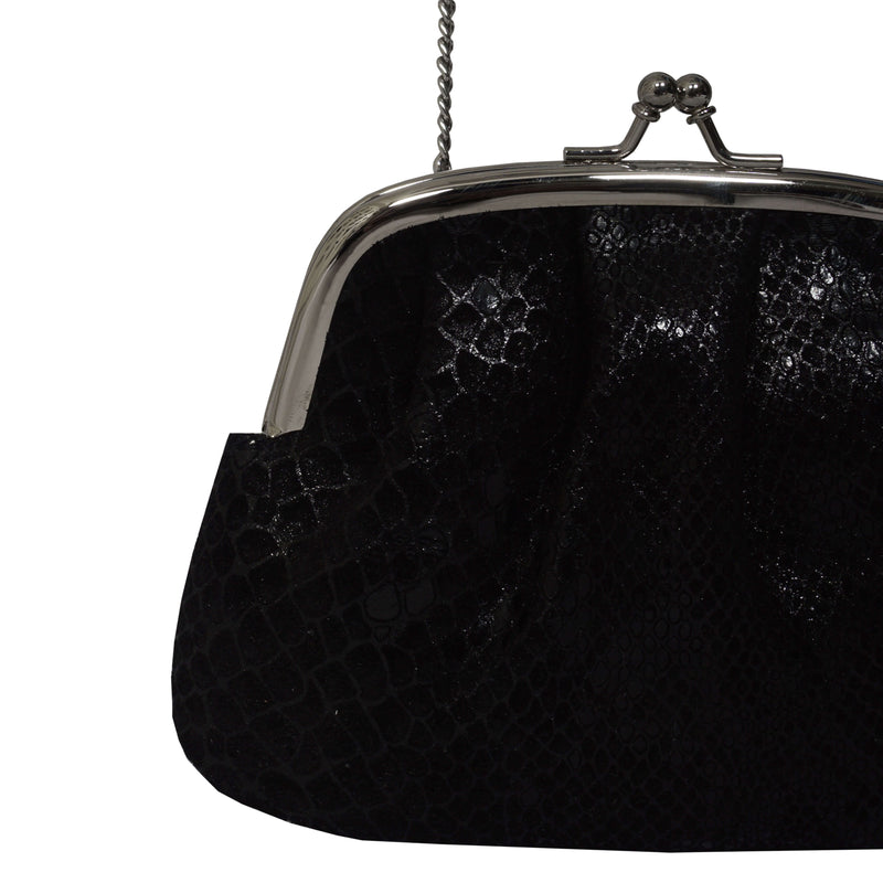 'SELENA' Black Python Snake Leather Frame Closure Coin Purse