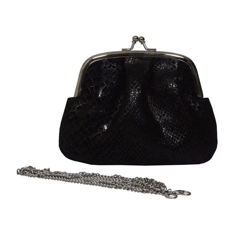 'SELENA' Black Python Snake Leather Frame Closure Coin Purse