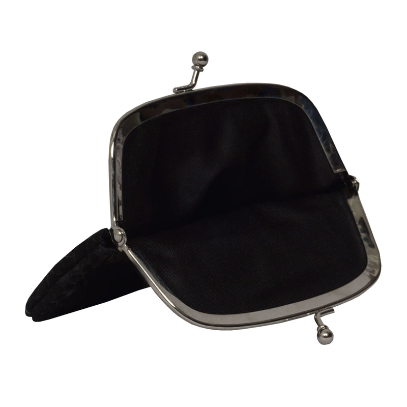 'SELENA' Black Python Snake Leather Frame Closure Coin Purse