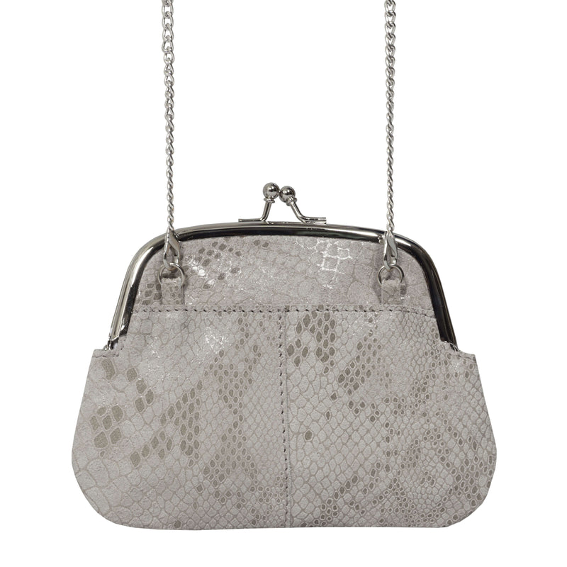 'SELENA' Ice Grey Python Snake Leather Frame Closure Coin Purse