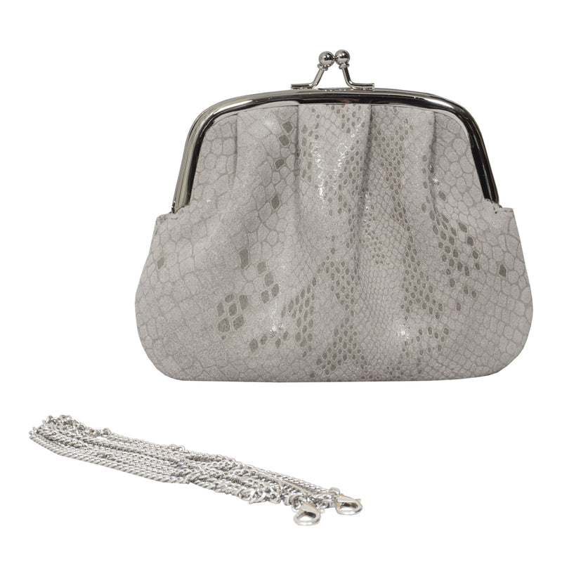 'SELENA' Ice Grey Python Snake Leather Frame Closure Coin Purse