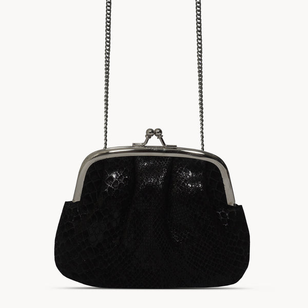 'SELENA' Black Python Snake Leather Frame Closure Coin Purse
