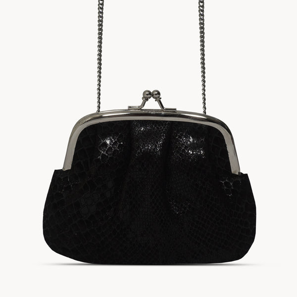 'SELENA' Black Python Snake Leather Frame Closure Coin Purse