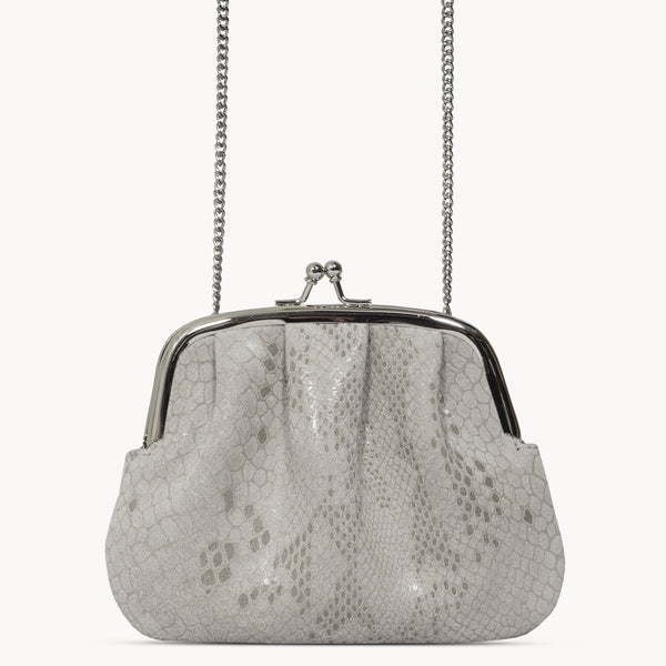 'SELENA' Ice Grey Python Snake Leather Frame Closure Coin Purse