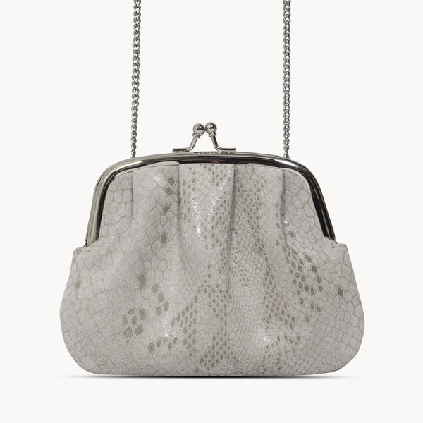 'SELENA' Ice Grey Python Snake Leather Frame Closure Coin Purse
