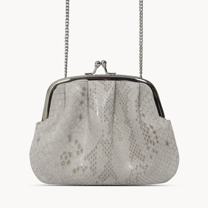 'SELENA' Ice Grey Python Snake Leather Frame Closure Coin Purse