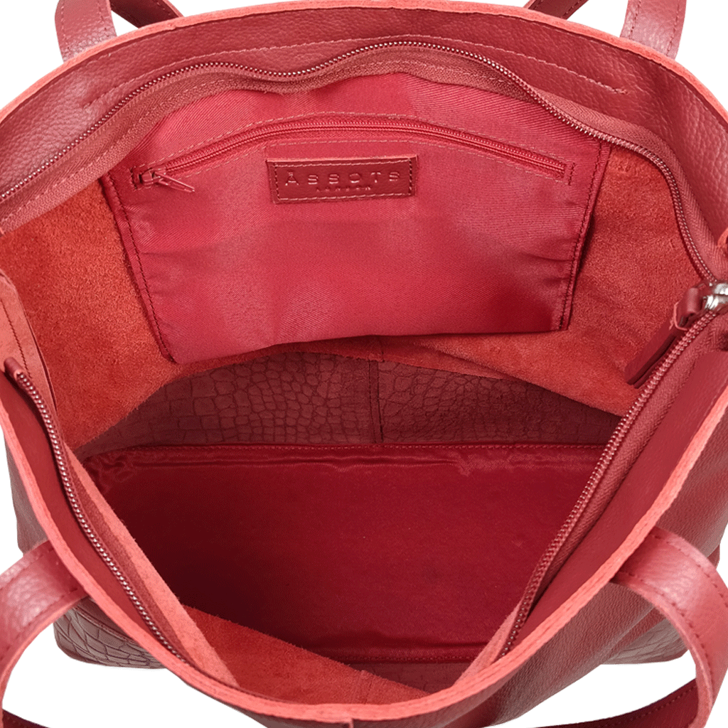 'SIENNA' Paprika Red Croc + Pebble Grain Unlined Leather Tote Bag