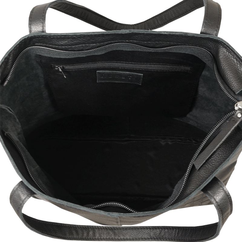 'SIENNA' Black Croc + Pebble Grain Unlined Leather Tote Bag