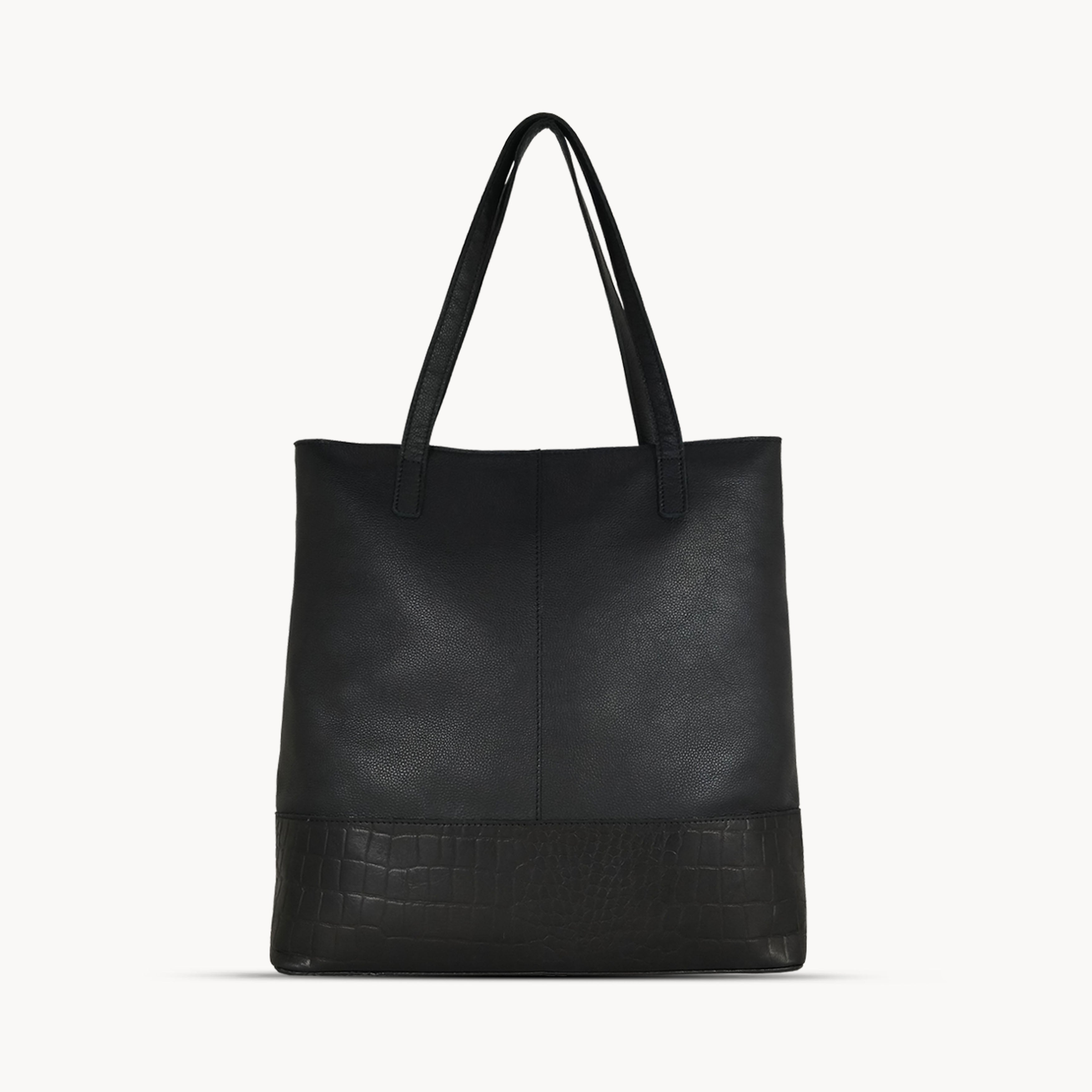 'SIENNA' Black Croc + Pebble Grain Unlined Leather Tote Bag