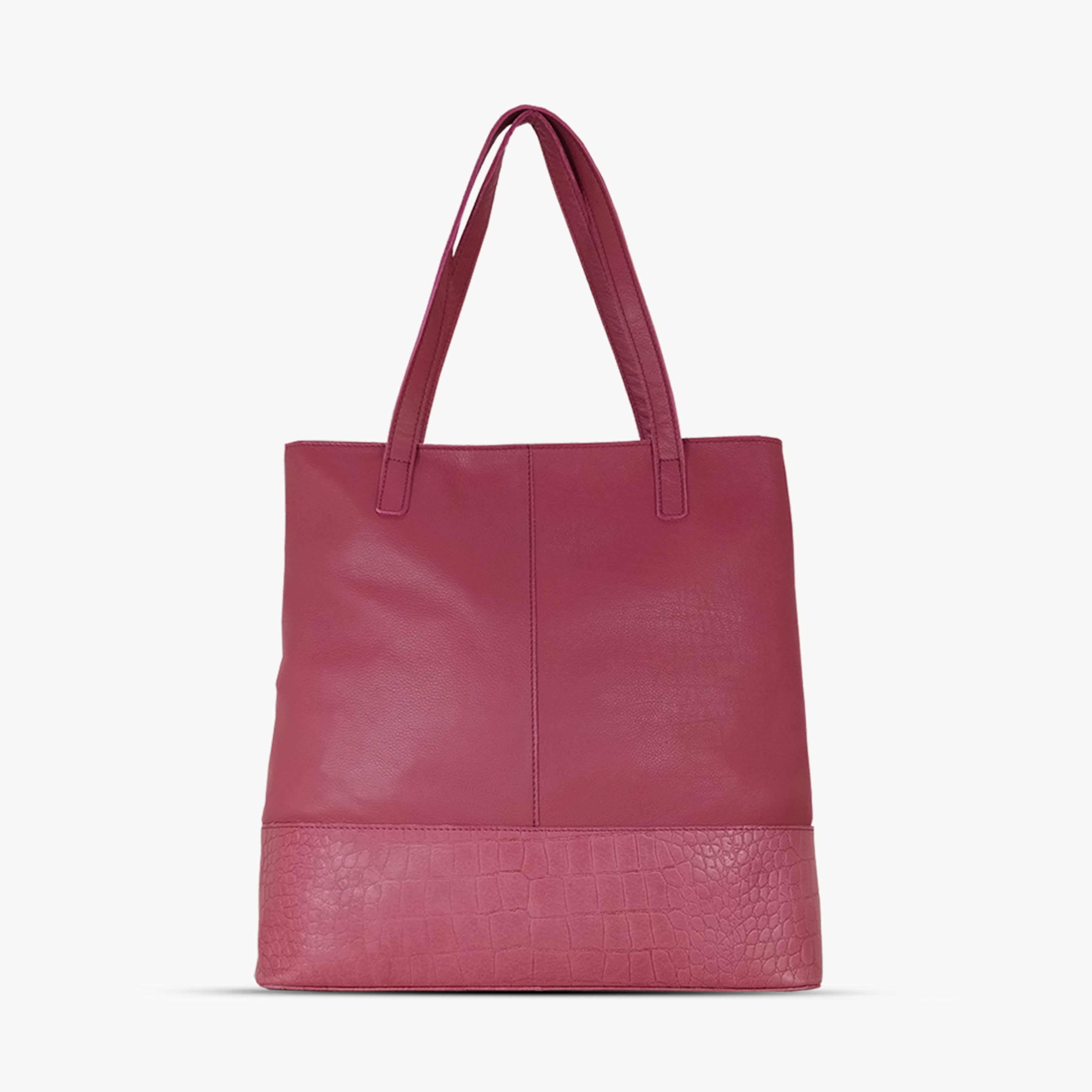'SIENNA' Carmine Pink Croc + Pebble Grain Unlined Leather Tote Bag