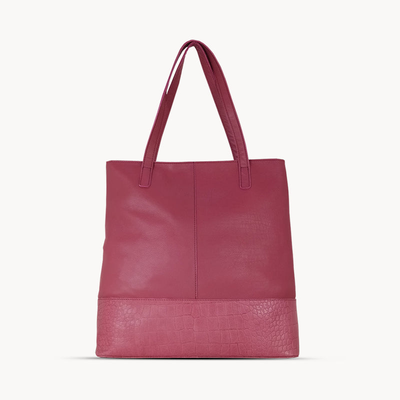 'SIENNA' Carmine Pink Croc + Pebble Grain Unlined Leather Tote Bag