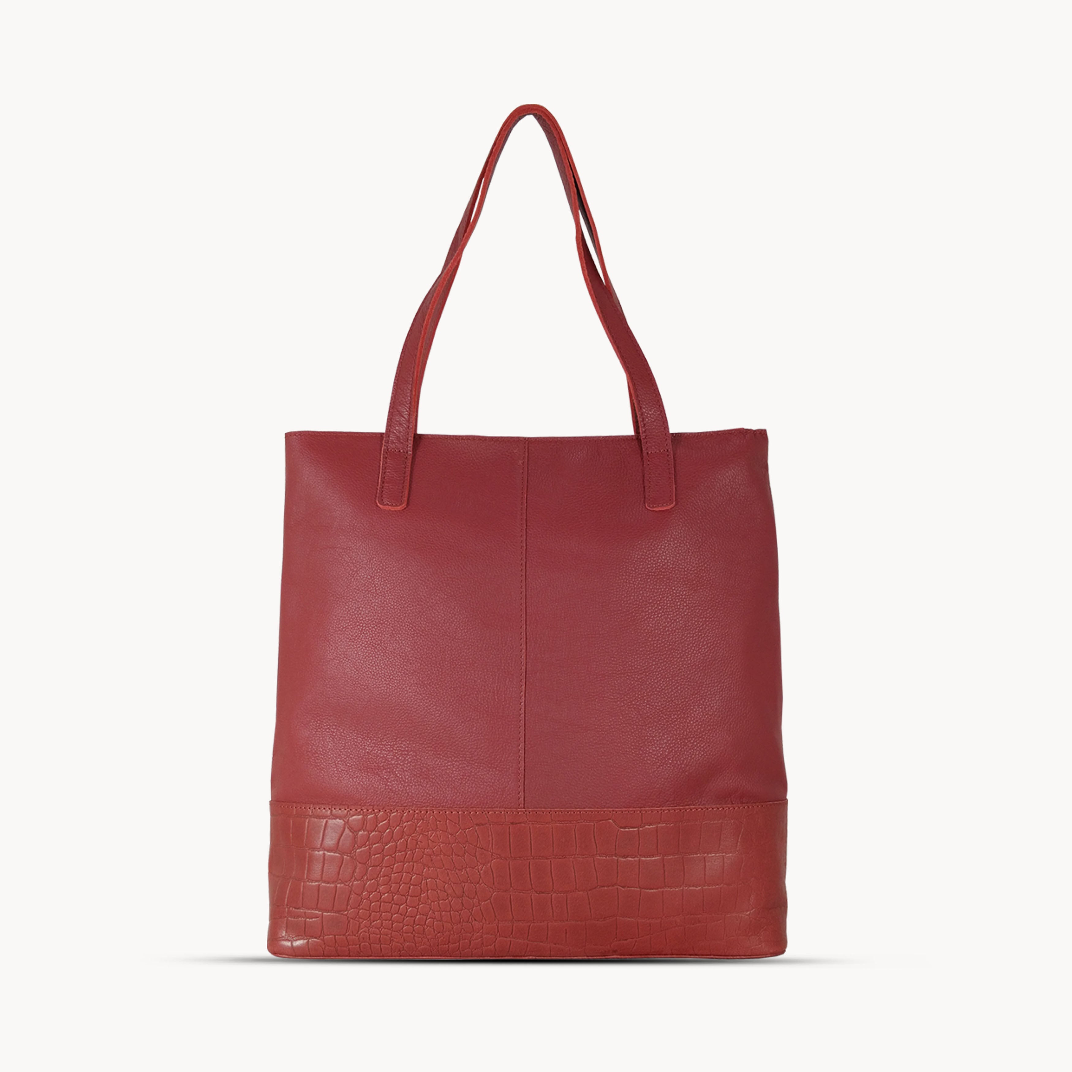 'SIENNA' Paprika Red Croc + Pebble Grain Unlined Leather Tote Bag