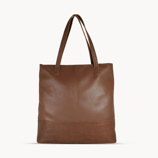 'SIENNA' Tan Croc + Pebble Grain Unlined Leather Tote Bag