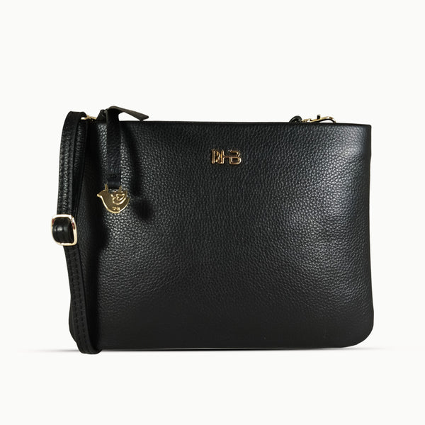 'SOPHIA' Black Pebble Grain Zip Top Leather Crossbody Bag