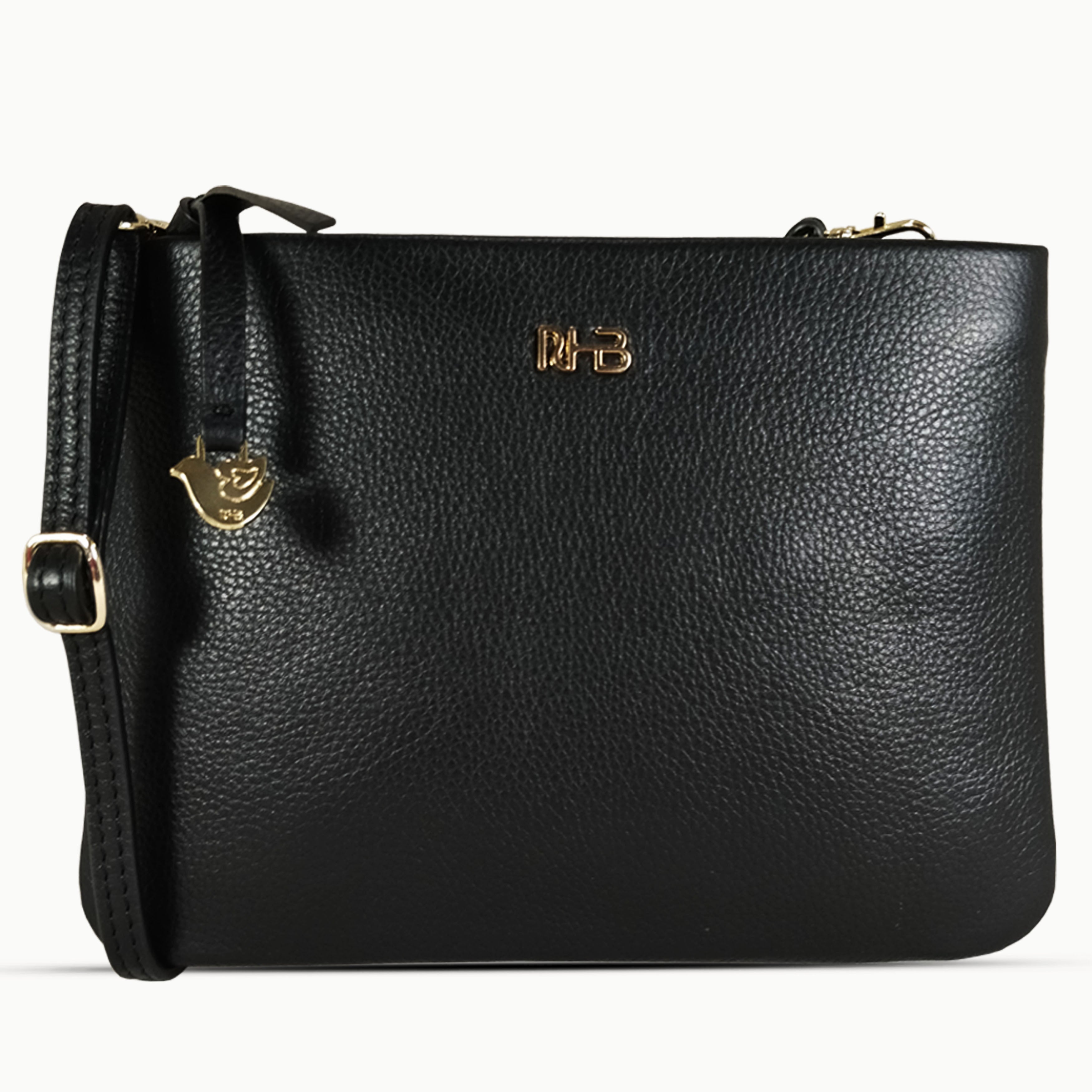 'SOPHIA' Black Pebble Grain Zip Top Leather Crossbody Bag