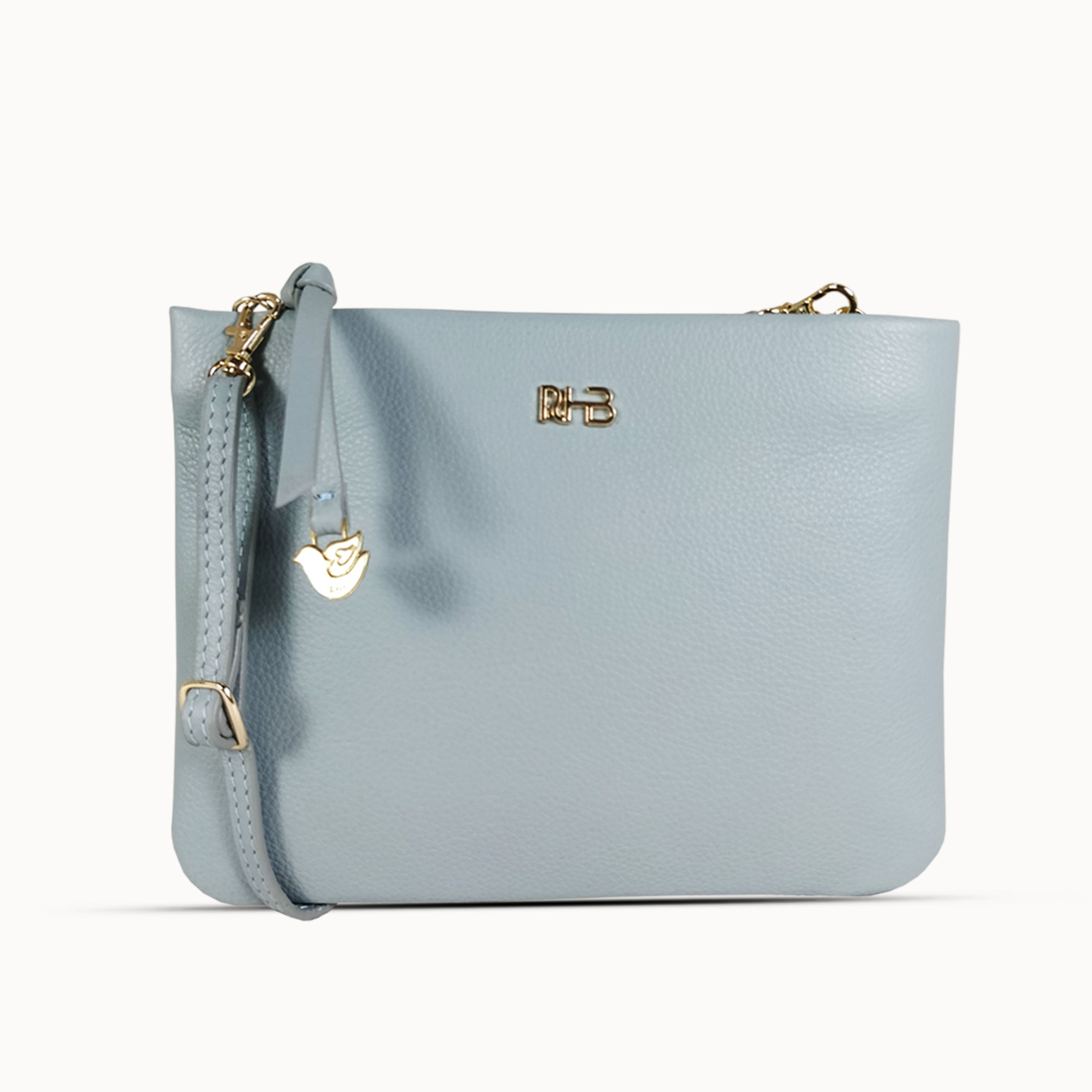 'SOPHIA' Cameo Blue Pebble Grain Zip Top Leather Crossbody Bag