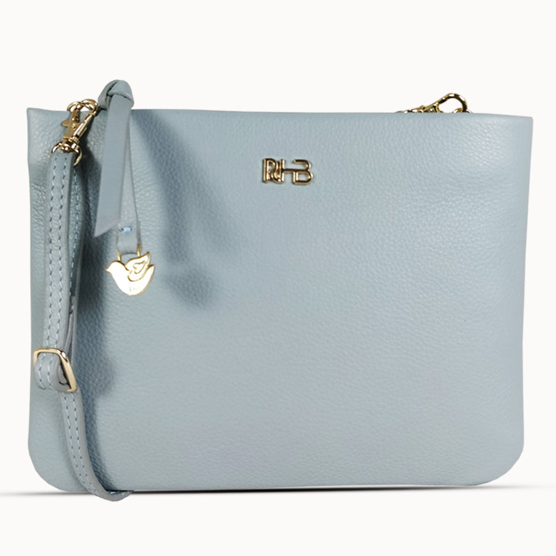 'SOPHIA' Cameo Blue Pebble Grain Zip Top Leather Crossbody Bag