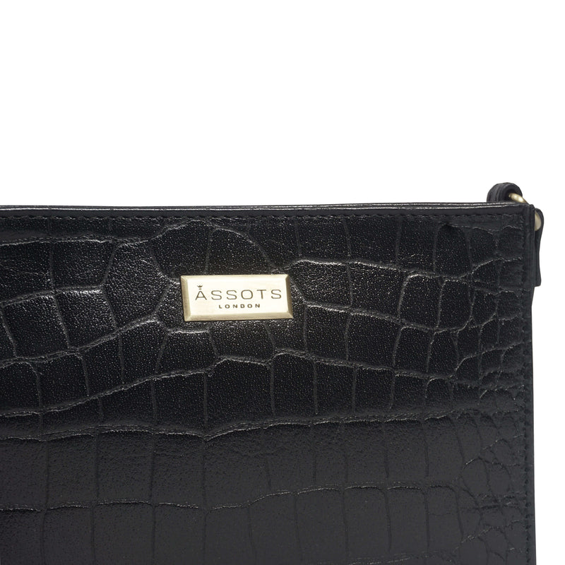 'SUSAN' Black Croc Real Leather Rectangle Box Crossbody Bag