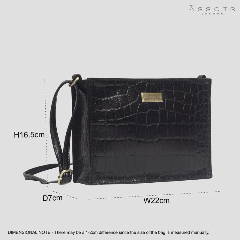'SUSAN' Black Croc Real Leather Rectangle Box Crossbody Bag
