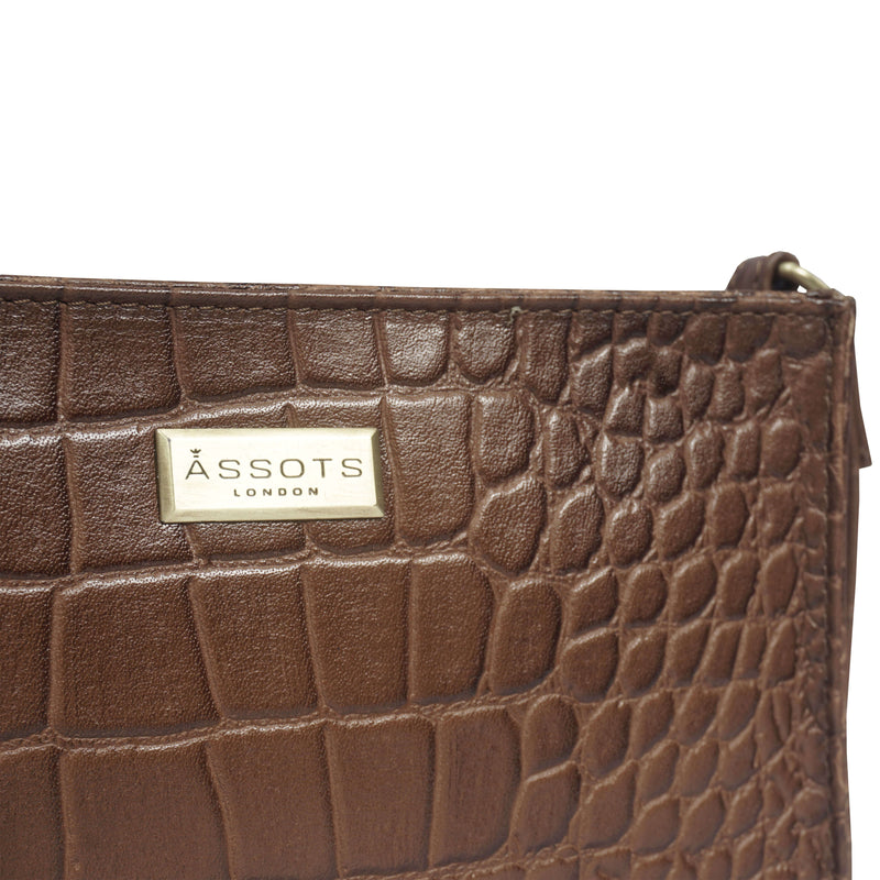 'SUSAN' Tan Croc Real Leather Rectangle Box Crossbody Bag