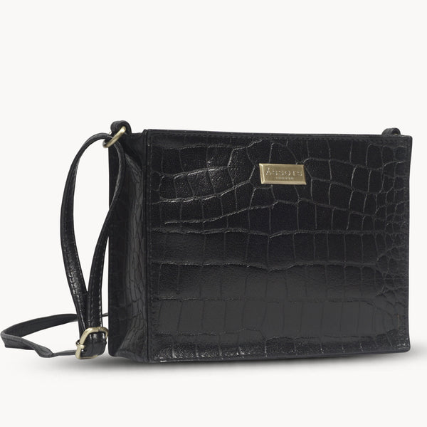 'SUSAN' Black Croc Real Leather Rectangle Box Crossbody Bag