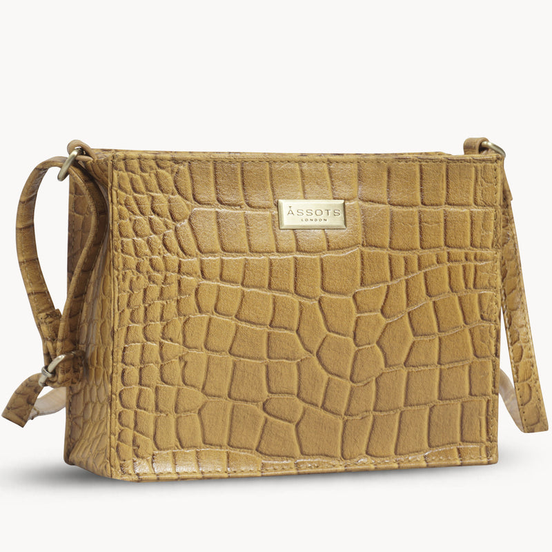 'SUSAN' Mustard Croc Real Leather Rectangle Box Crossbody Bag