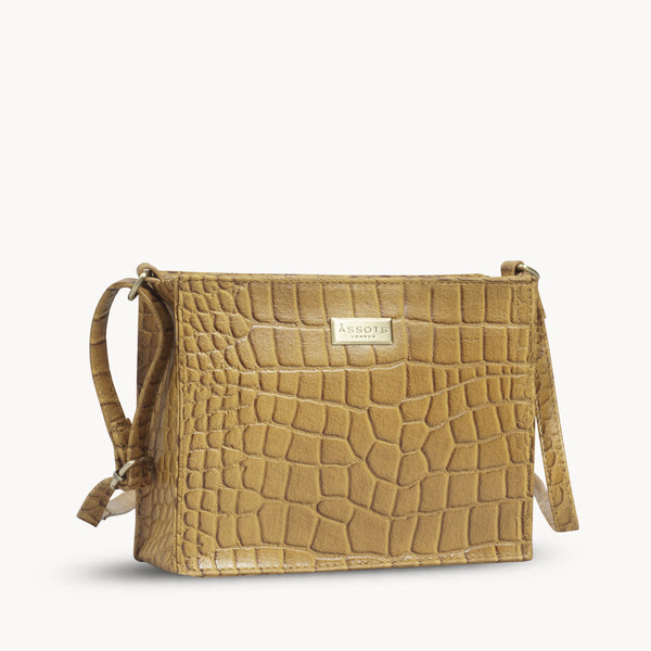 'SUSAN' Mustard Croc Real Leather Rectangle Box Crossbody Bag