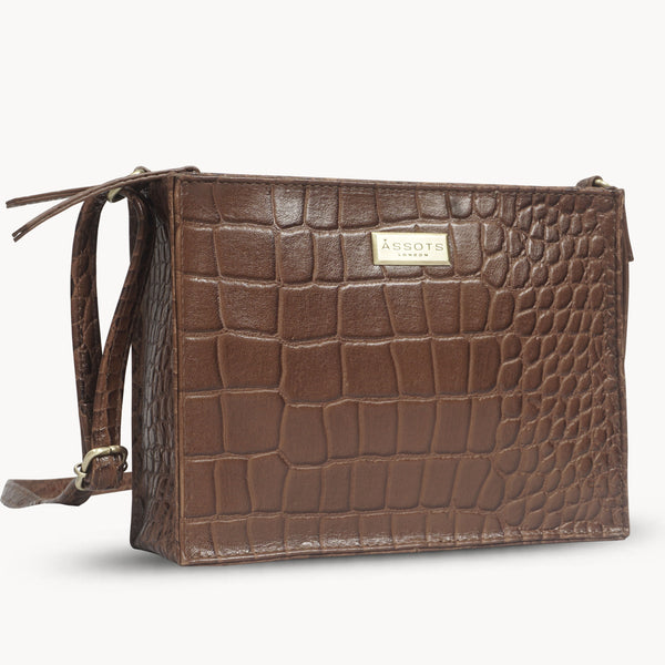 'SUSAN' Tan Croc Real Leather Rectangle Box Crossbody Bag
