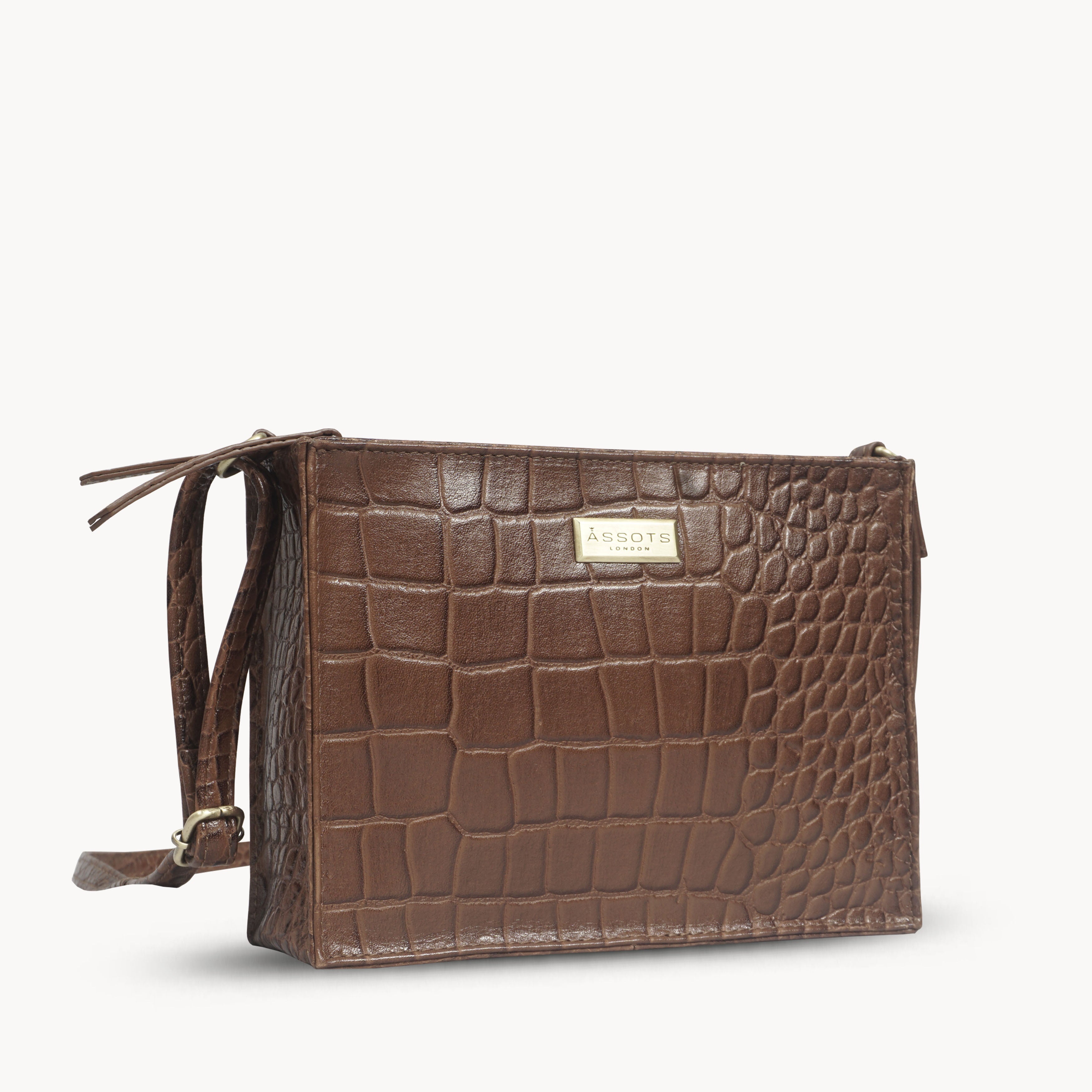 'SUSAN' Tan Croc Real Leather Rectangle Box Crossbody Bag