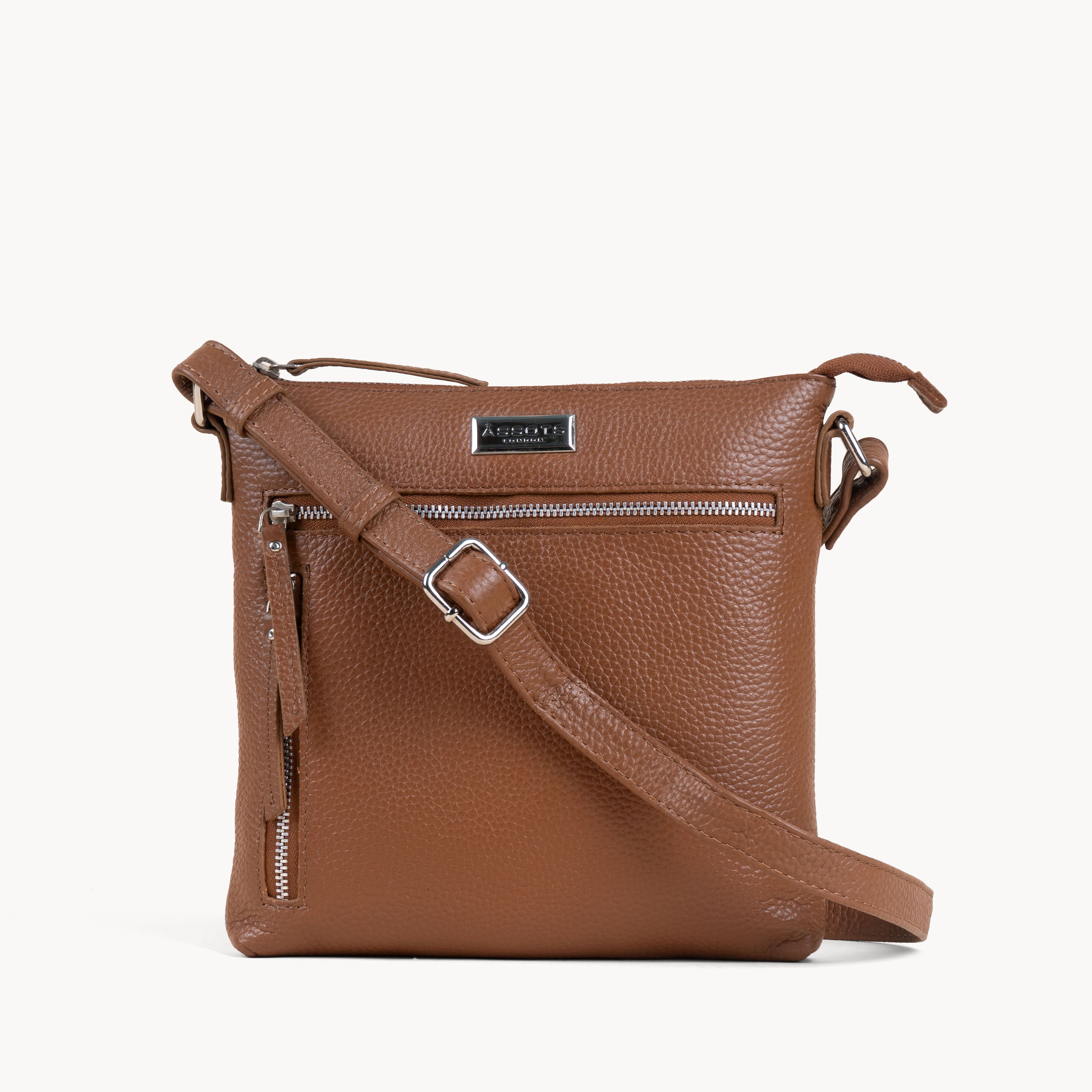 'RUE' Tan Pebble Grain Real Leather Crossbody Bag