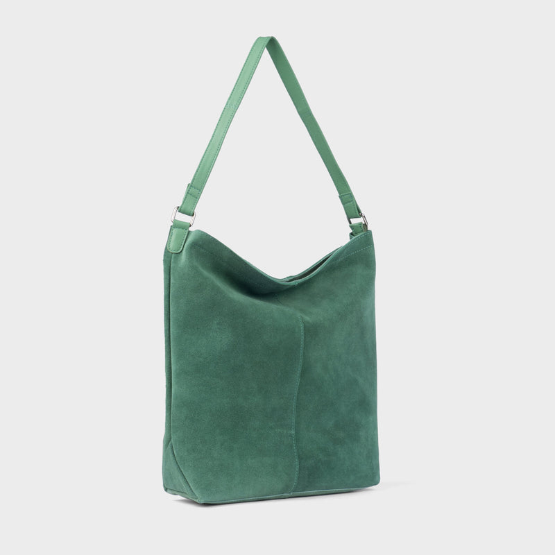'TINA' Green Suede Real Leather Unlined Slouchy Shopper Tote Bag