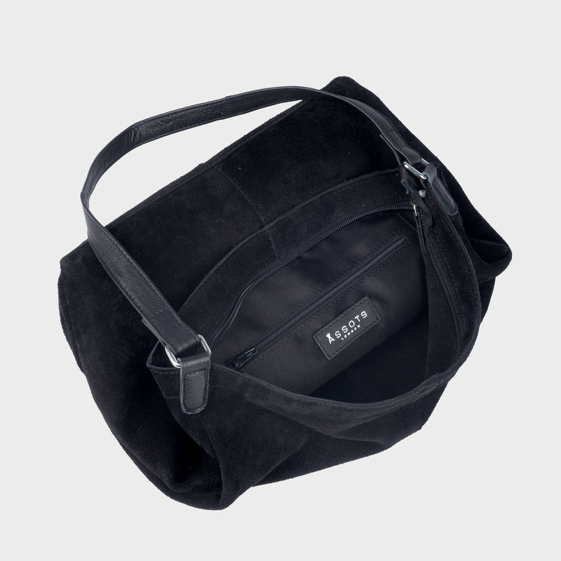 'TINA' Black Suede Real Leather Unlined Slouchy Shopper Tote Bag