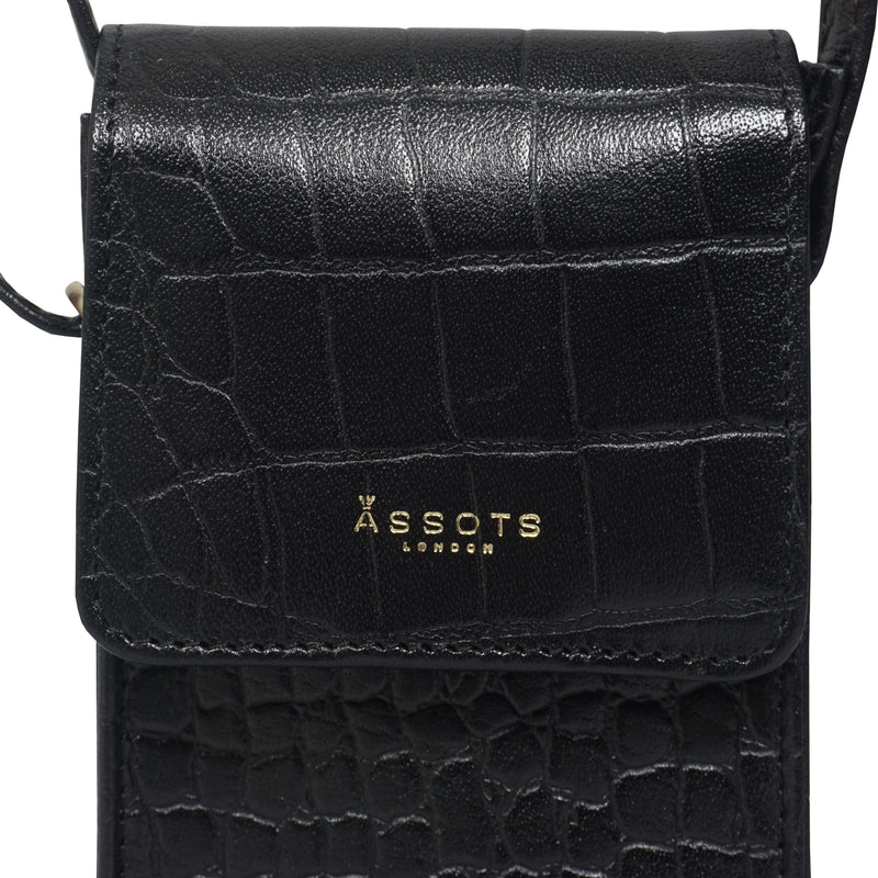 'TRACY' Black Croc Real Leather Crossbody Phone Bag
