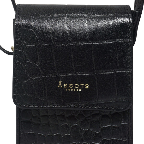 'TRACY' Black Croc Real Leather Crossbody Phone Bag