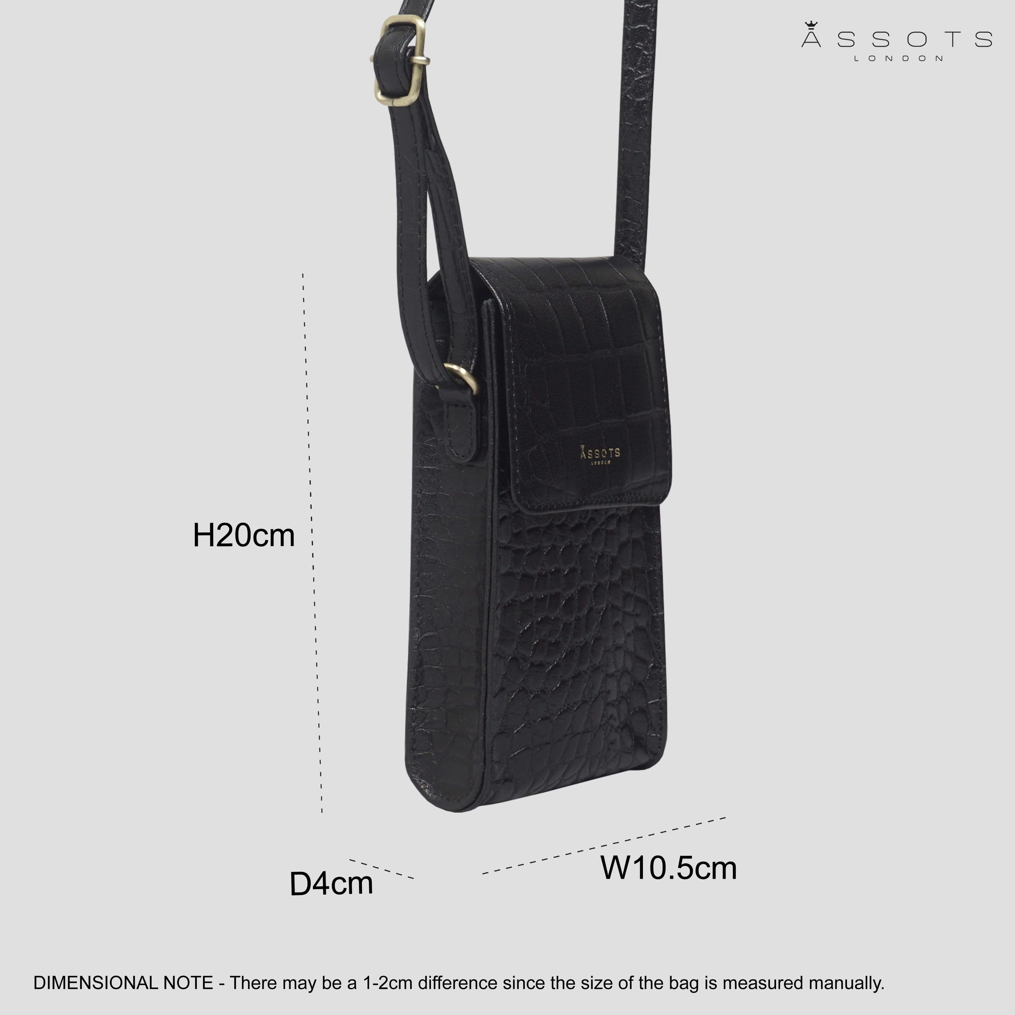 'TRACY' Black Croc Real Leather Crossbody Phone Bag