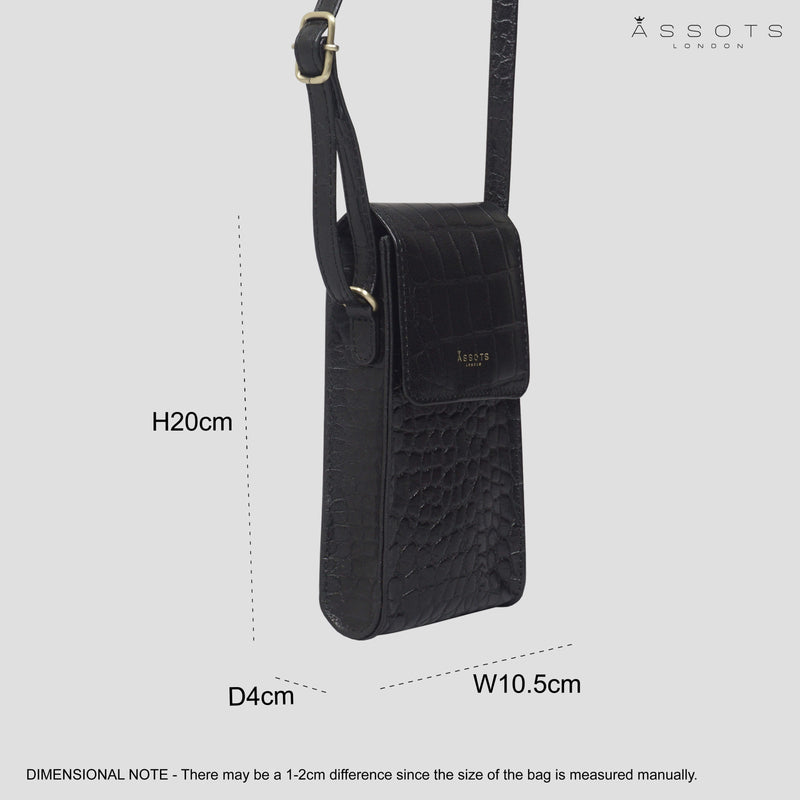 'TRACY' Black Croc Real Leather Crossbody Phone Bag