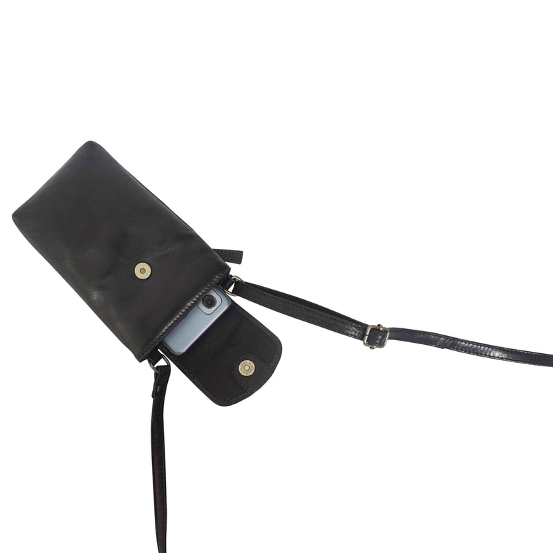'THEA' Black Polished VT Real Leather Mobile Phone Crossbody Bag