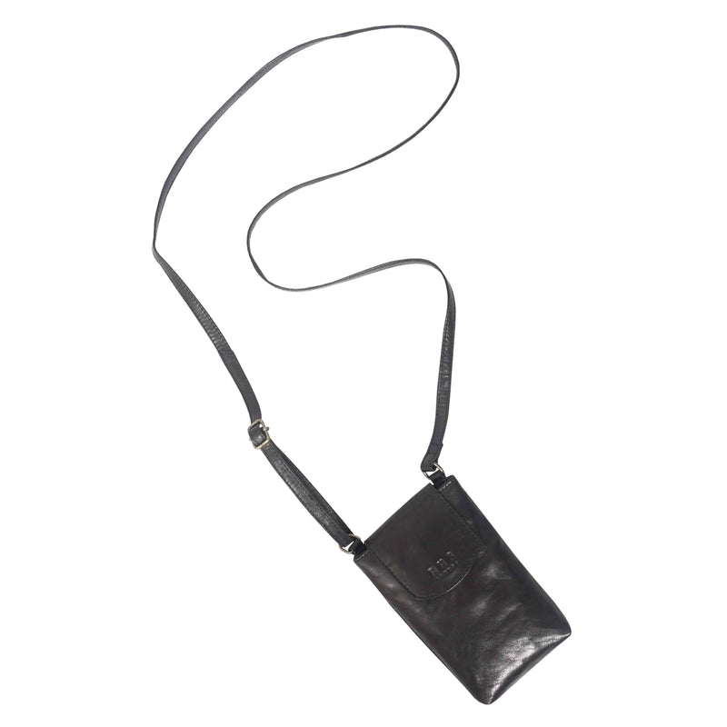 'THEA' Black Polished VT Real Leather Mobile Phone Crossbody Bag