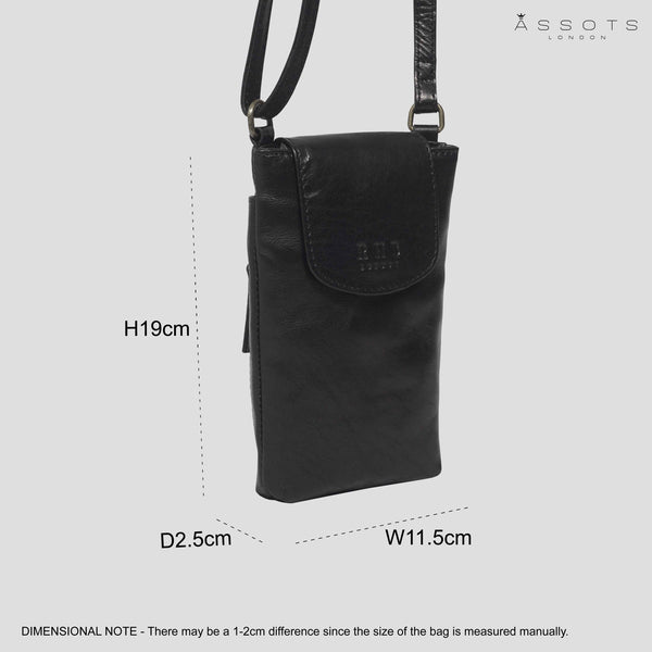 'THEA' Black Polished VT Real Leather Mobile Phone Crossbody Bag