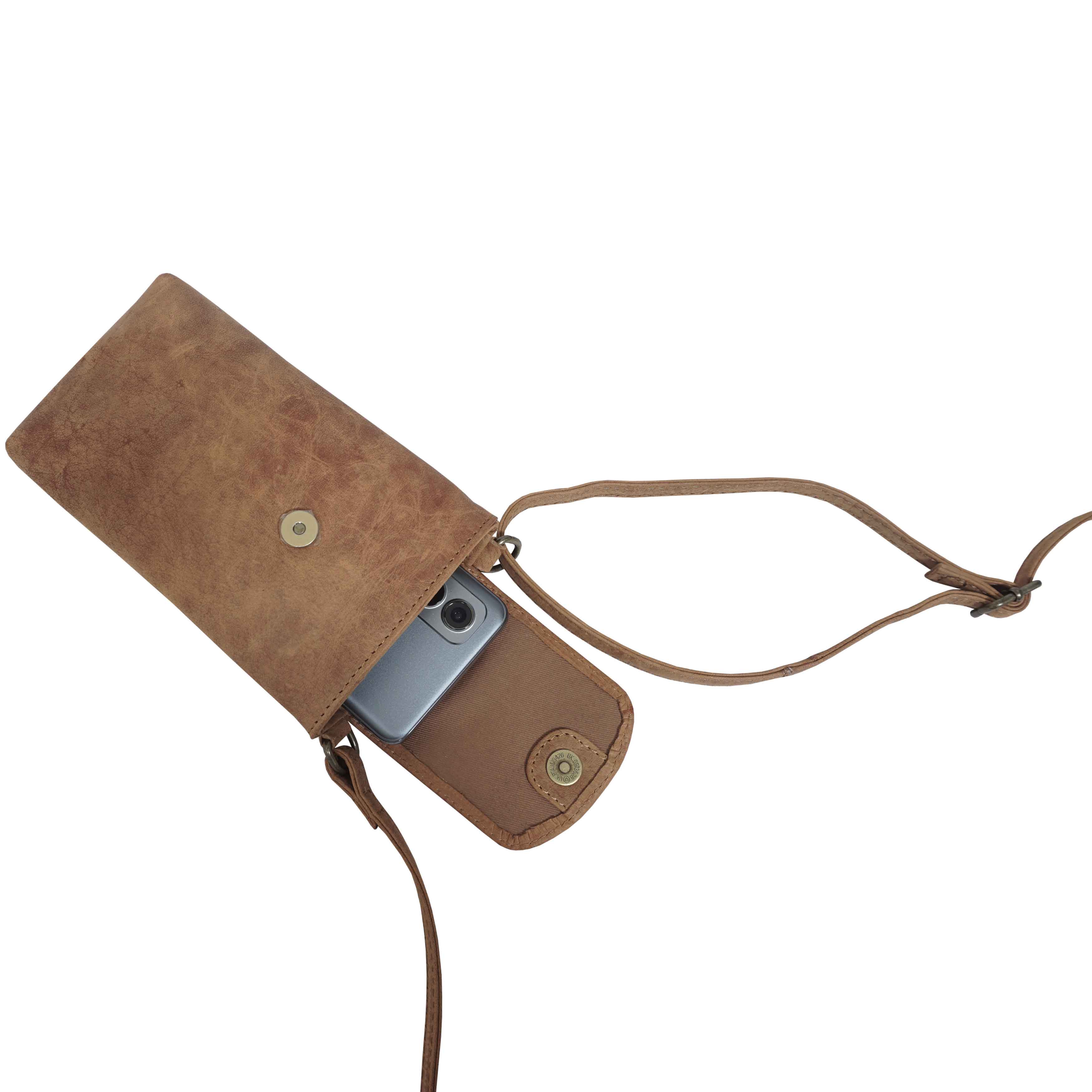 'THEA' Tan Distressed Real Leather Mobile Phone Crossbody Bag