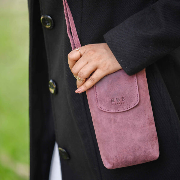 'THEA' Plum Distressed Real Leather Mobile Phone Crossbody Bag