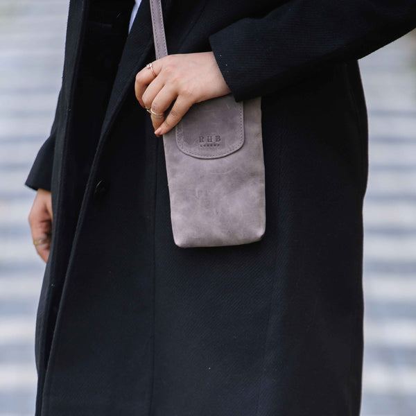 'THEA' Grey Distressed Real Leather Mobile Phone Crossbody Bag