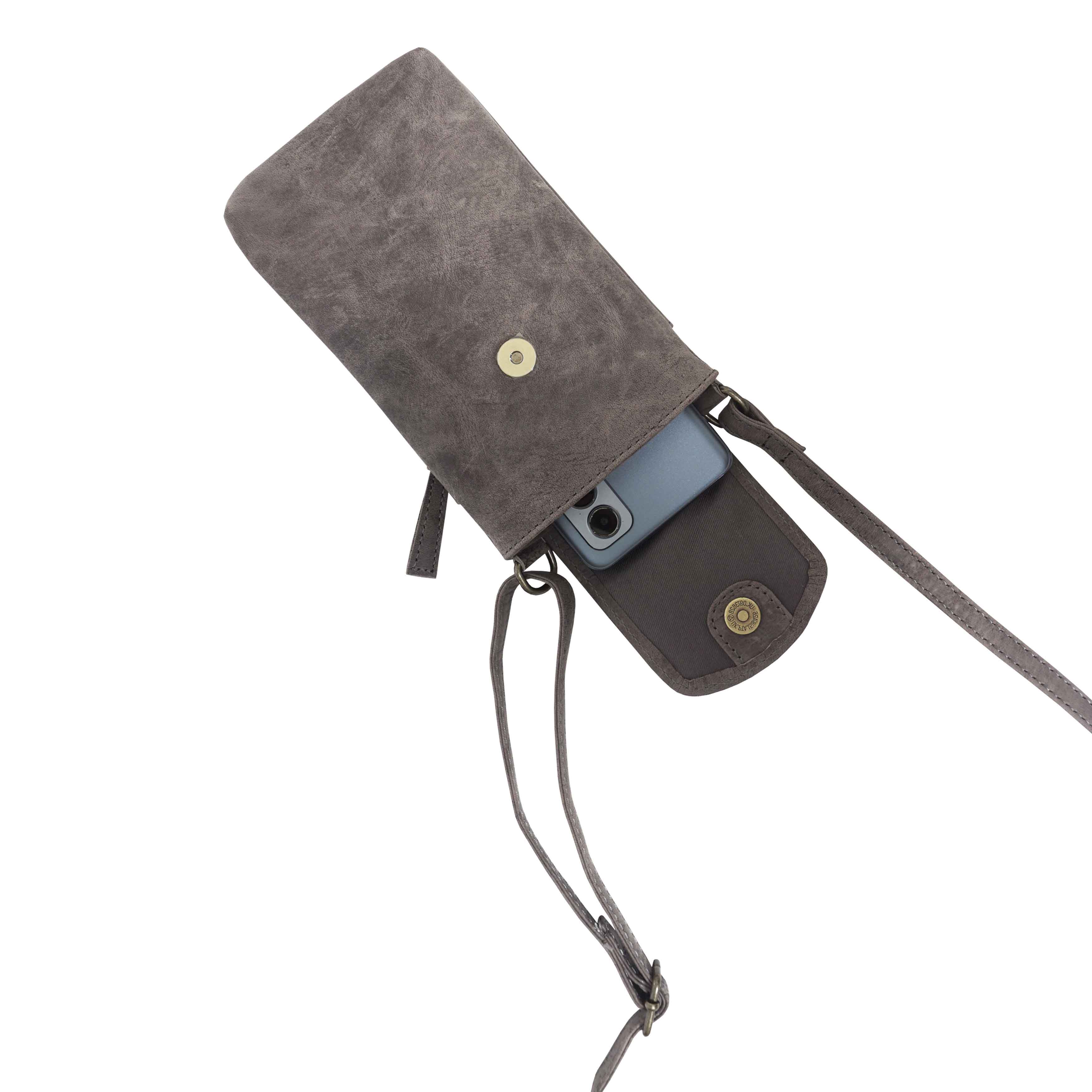 'THEA' Grey Distressed Real Leather Mobile Phone Crossbody Bag