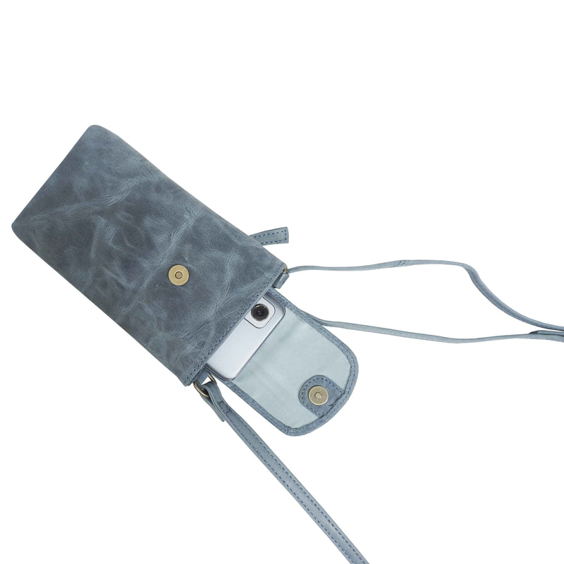 'THEA' Denim Distressed Real Leather Mobile Phone Crossbody Bag